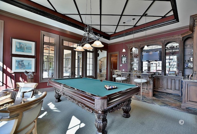 game room featuring dark colored carpet, indoor bar, crown molding, and pool table