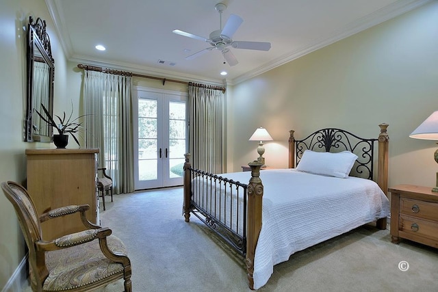 bedroom with french doors, ceiling fan, access to exterior, ornamental molding, and carpet floors