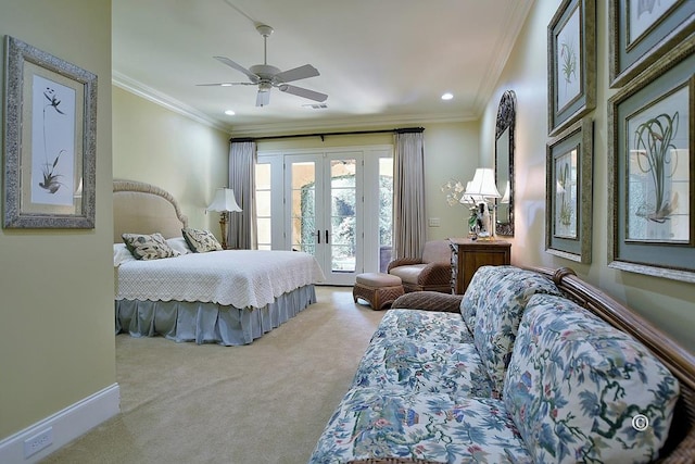 carpeted bedroom with ceiling fan, access to exterior, ornamental molding, and french doors