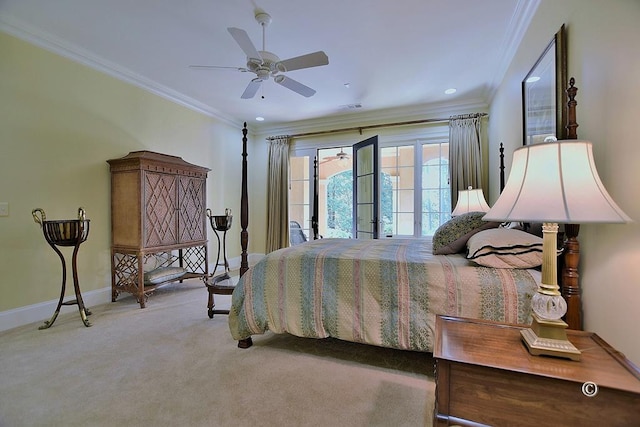 bedroom with carpet flooring, ceiling fan, and ornamental molding