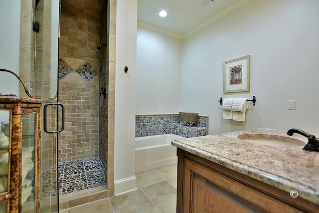 bathroom featuring vanity, shower with separate bathtub, and crown molding