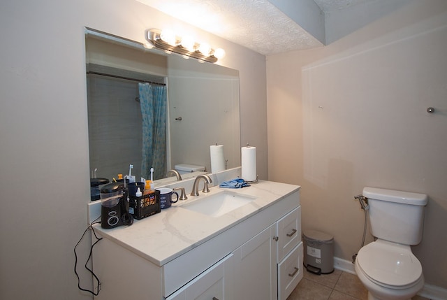 bathroom featuring a textured ceiling, tile patterned flooring, vanity, toilet, and a shower with shower curtain