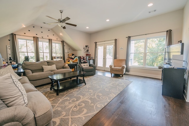 living room featuring french doors, lofted ceiling, ceiling fan, and dark wood-type flooring