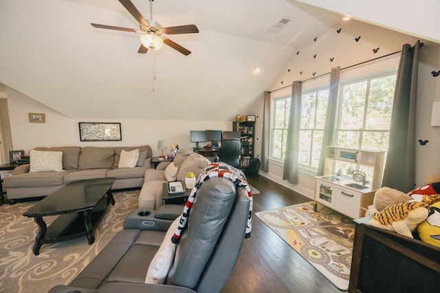 living room featuring ceiling fan, dark hardwood / wood-style floors, and vaulted ceiling