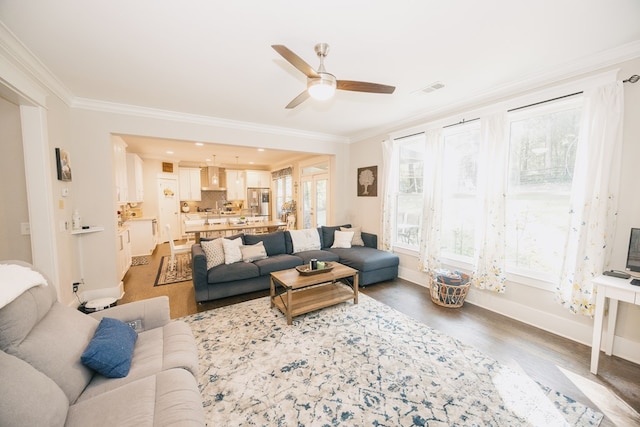 living room featuring dark hardwood / wood-style floors, ceiling fan, and ornamental molding