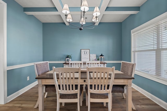 dining area with wood-type flooring, coffered ceiling, beam ceiling, and a notable chandelier