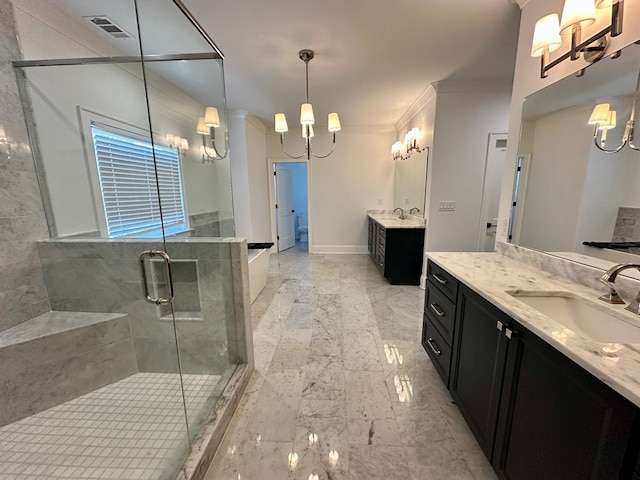 906 NE Winall Down Rd, Atlanta, GA 30319 - bathroom featuring a chandelier, a stall shower, two vanities, marble finish flooring, and ornamental molding
