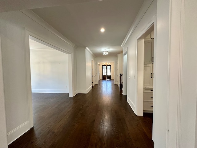 906 NE Winall Down Rd, Atlanta, GA 30319 - hallway featuring ornamental molding, dark wood finished floors, and recessed lighting