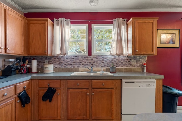 kitchen with decorative backsplash, a textured ceiling, crown molding, sink, and dishwasher