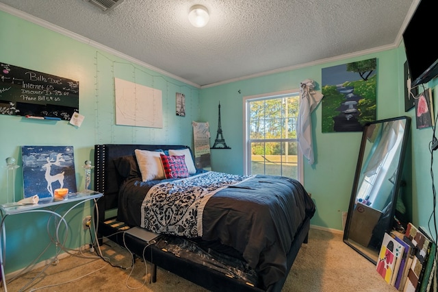 carpeted bedroom with crown molding and a textured ceiling