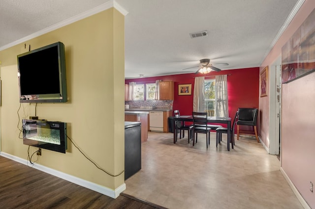 interior space featuring crown molding, ceiling fan, and a textured ceiling