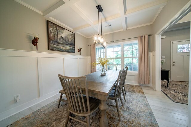 82 Rolling Meadows Way, Waverly Hall, GA 31831 - dining area featuring coffered ceiling, a decorative wall, a chandelier, beam ceiling, and wainscoting