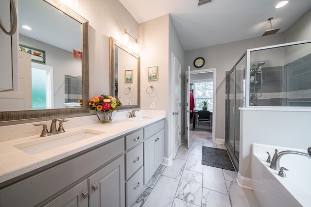 82 Rolling Meadows Way, Waverly Hall, GA 31831 - full bath with a shower stall, double vanity, a garden tub, marble finish flooring, and recessed lighting
