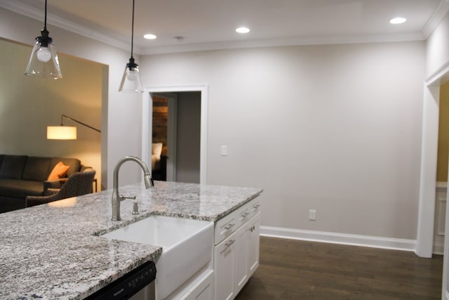 406 Lakeview Way, Lagrange, GA 30240 - kitchen with a sink, dark wood-style floors, ornamental molding, light stone counters, and hanging light fixtures
