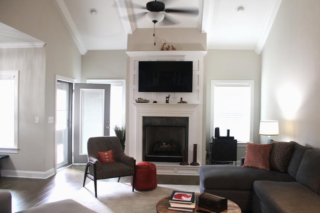 406 Lakeview Way, Lagrange, GA 30240 - living room with a ceiling fan, ornamental molding, a large fireplace, wood finished floors, and plenty of natural light