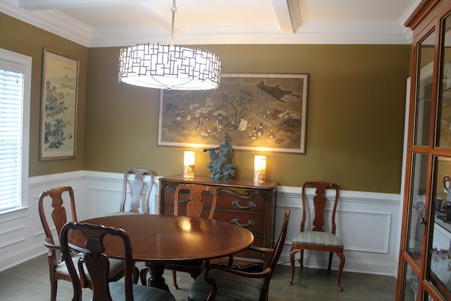 406 Lakeview Way, Lagrange, GA 30240 - dining area with crown molding, wood finished floors, a decorative wall, and a wainscoted wall