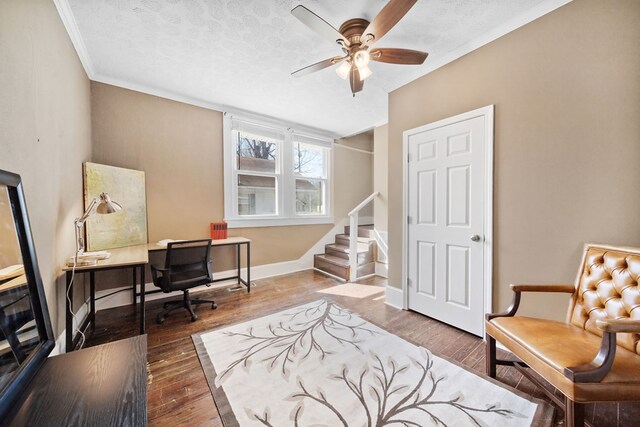 2418 34th St, Valley, AL 36854 - home office featuring baseboards, ceiling fan, a textured ceiling, crown molding, and hardwood / wood-style floors