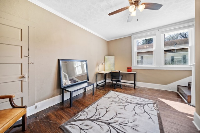 2418 34th St, Valley, AL 36854 - living area featuring baseboards, ornamental molding, a textured ceiling, ceiling fan, and wood-type flooring