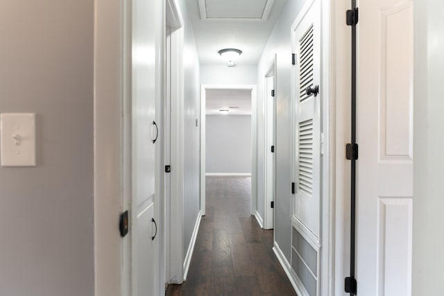 hallway with baseboards and dark wood-type flooring