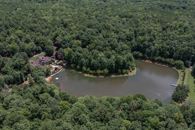 bird's eye view featuring a water view and a wooded view