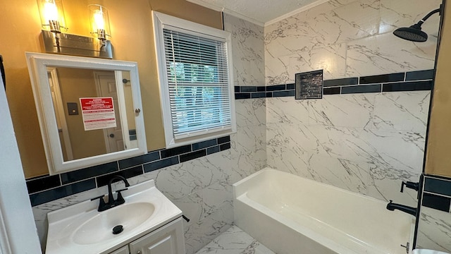 bathroom featuring marble finish floor, tile walls, vanity, and crown molding