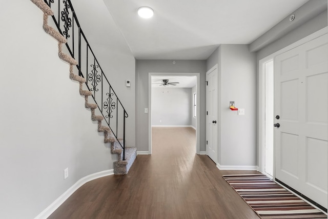 foyer featuring ceiling fan and dark wood-type flooring