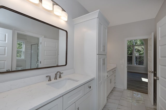 bathroom featuring hardwood / wood-style floors, vanity, and an enclosed shower