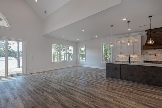 kitchen featuring tasteful backsplash, white cabinetry, dark hardwood / wood-style flooring, and plenty of natural light