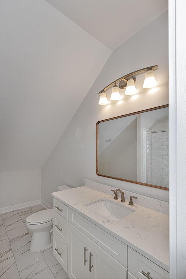 bathroom with vanity, toilet, lofted ceiling, and a shower with shower door