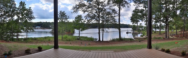 wooden terrace with a water view