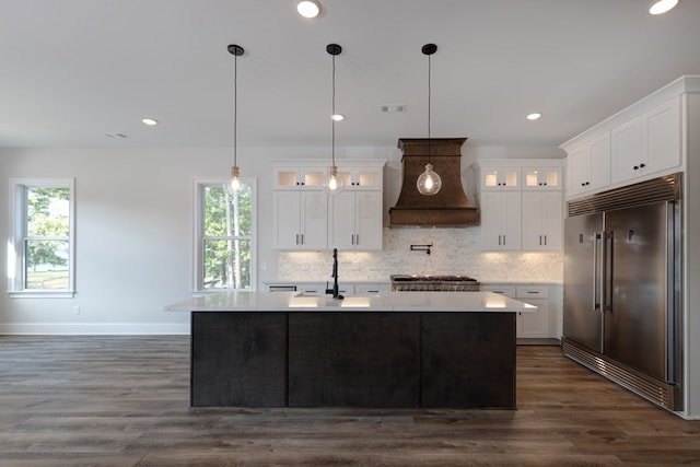 kitchen featuring white cabinets, an island with sink, stainless steel appliances, and custom exhaust hood