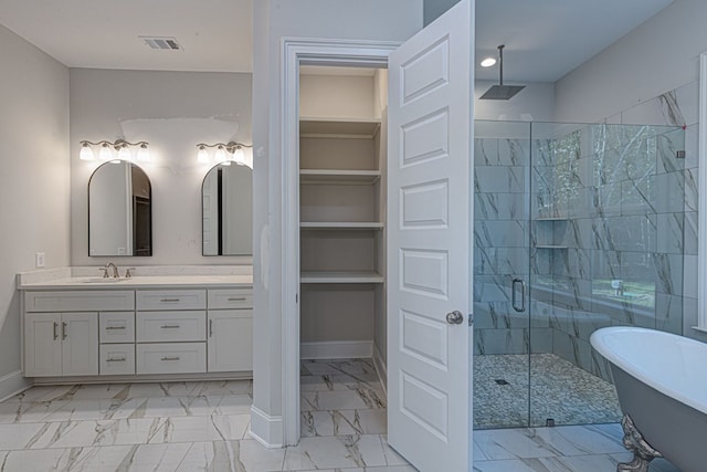 bathroom featuring plus walk in shower and vanity