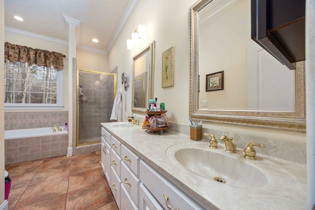 bathroom with ornamental molding, plus walk in shower, and vanity