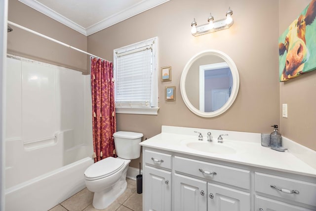 full bathroom with shower / bath combo, tile patterned flooring, vanity, ornamental molding, and toilet