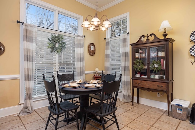 tiled dining space with ornamental molding and a notable chandelier