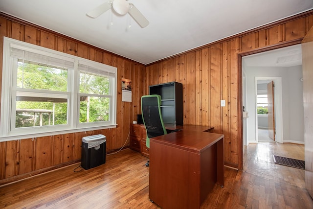 home office featuring hardwood / wood-style flooring, ceiling fan, and wooden walls