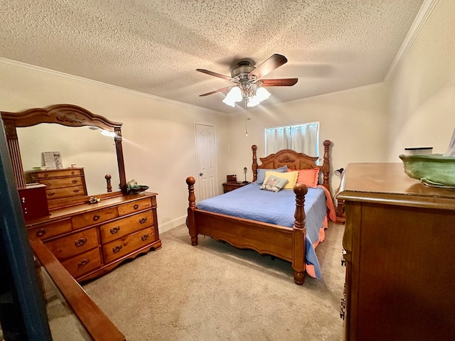 283 Roberts Rd, Hahira, GA 31632 - bedroom featuring carpet flooring, ornamental molding, a textured ceiling, and ceiling fan