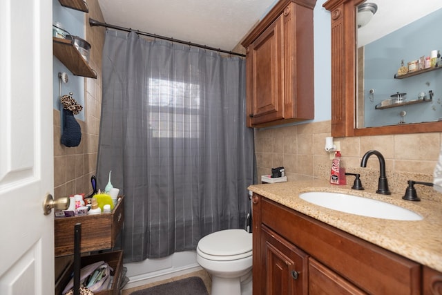 bathroom with shower / tub combo with curtain, tile walls, decorative backsplash, toilet, and vanity