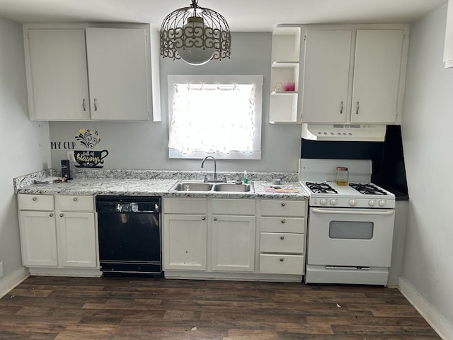 kitchen with pendant lighting, sink, white cabinetry, white gas range oven, and black dishwasher