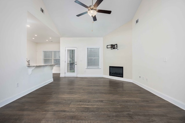 1170 Railroad Ave, Smiths Station, AL 36877 - unfurnished living room with high vaulted ceiling, ceiling fan, baseboards, recessed lighting, and a fireplace