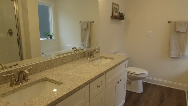 full bathroom featuring vanity, hardwood / wood-style floors, plus walk in shower, and toilet