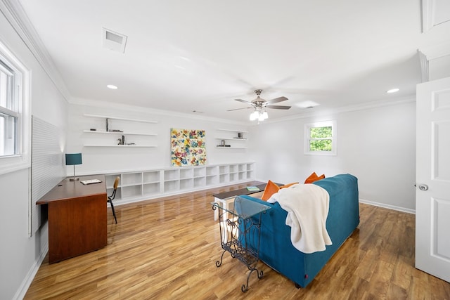 3796 Auburn Rd, Phenix City, AL 36870 - living area with ornamental molding, a ceiling fan, wood finished floors, recessed lighting, and an office area