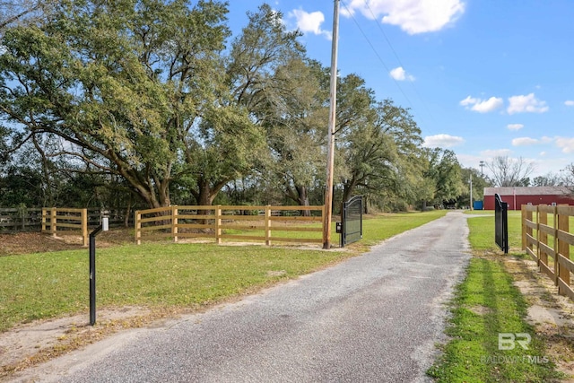 view of street with aphalt driveway, a gated entry, and a gate