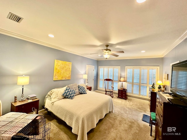 bedroom featuring ornamental molding, light carpet, and ceiling fan