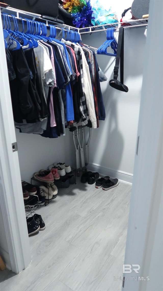 walk in closet with hardwood / wood-style floors