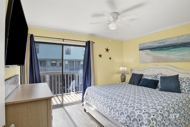 bedroom featuring ceiling fan, light hardwood / wood-style floors, and access to outside