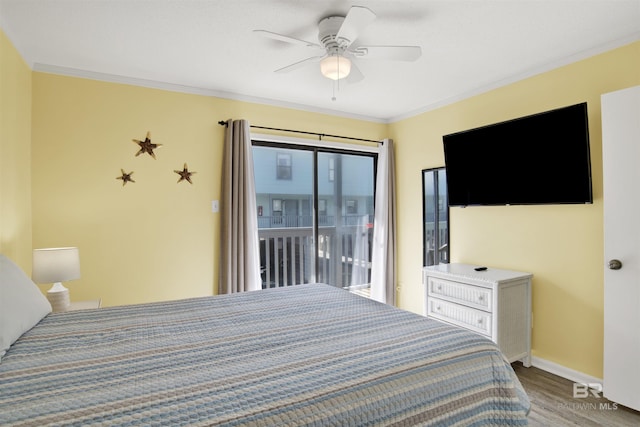 bedroom with crown molding, hardwood / wood-style floors, access to exterior, and ceiling fan