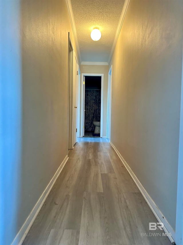 hallway featuring hardwood / wood-style floors, a textured ceiling, and ornamental molding