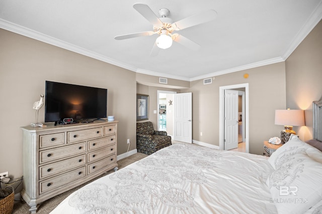 bedroom with visible vents, light carpet, baseboards, and crown molding