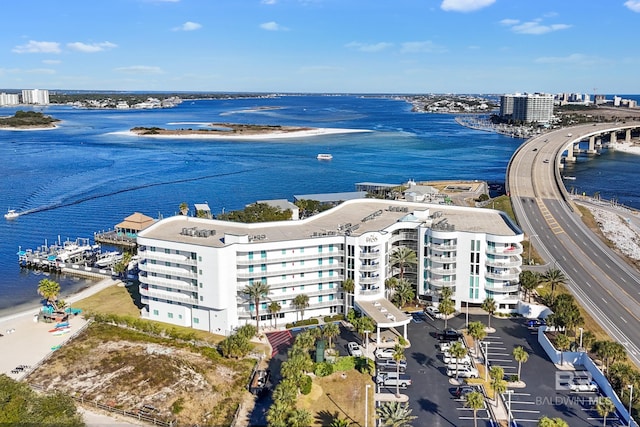 bird's eye view with a water view and a view of city